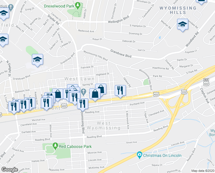 map of restaurants, bars, coffee shops, grocery stores, and more near 114 Perkasie Ave in West Lawn