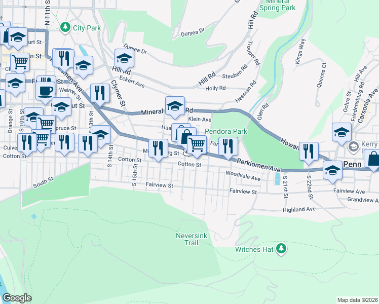 map of restaurants, bars, coffee shops, grocery stores, and more near 1700 Perkiomen Avenue in Reading