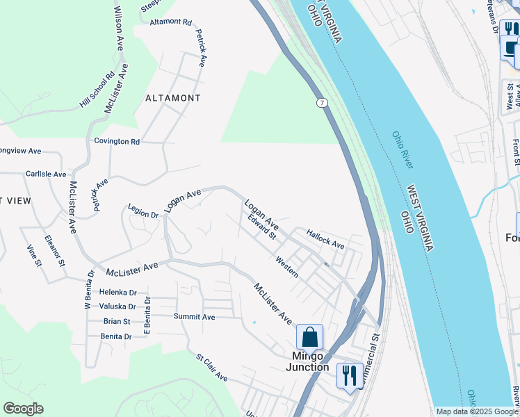 map of restaurants, bars, coffee shops, grocery stores, and more near 721 Logan Avenue in Mingo Junction