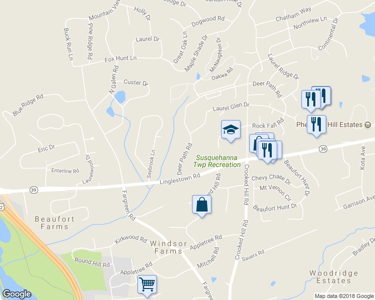 map of restaurants, bars, coffee shops, grocery stores, and more near 4557 Deer Path Road in Harrisburg