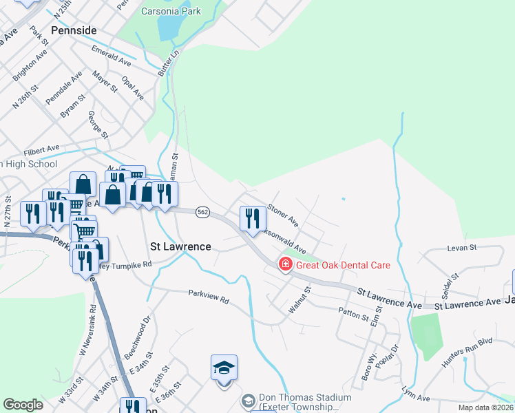 map of restaurants, bars, coffee shops, grocery stores, and more near 3324 Stoner Avenue in Reading