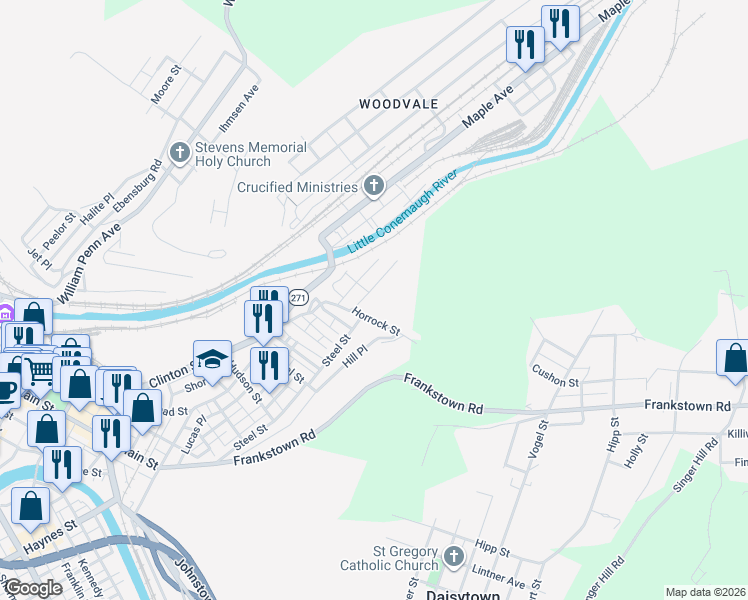 map of restaurants, bars, coffee shops, grocery stores, and more near 1110-1198 Ridge Avenue in Johnstown