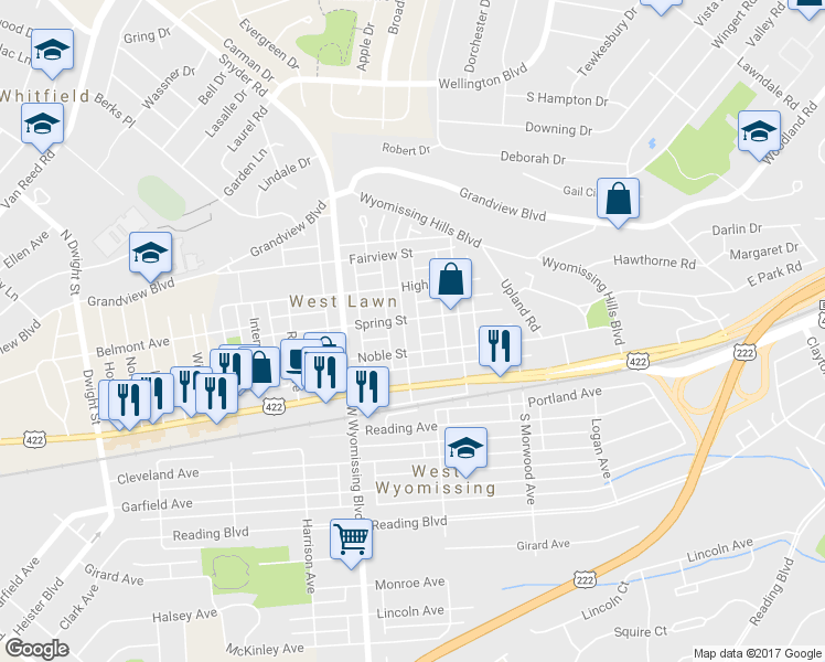 map of restaurants, bars, coffee shops, grocery stores, and more near 115 Telford Avenue in West Lawn