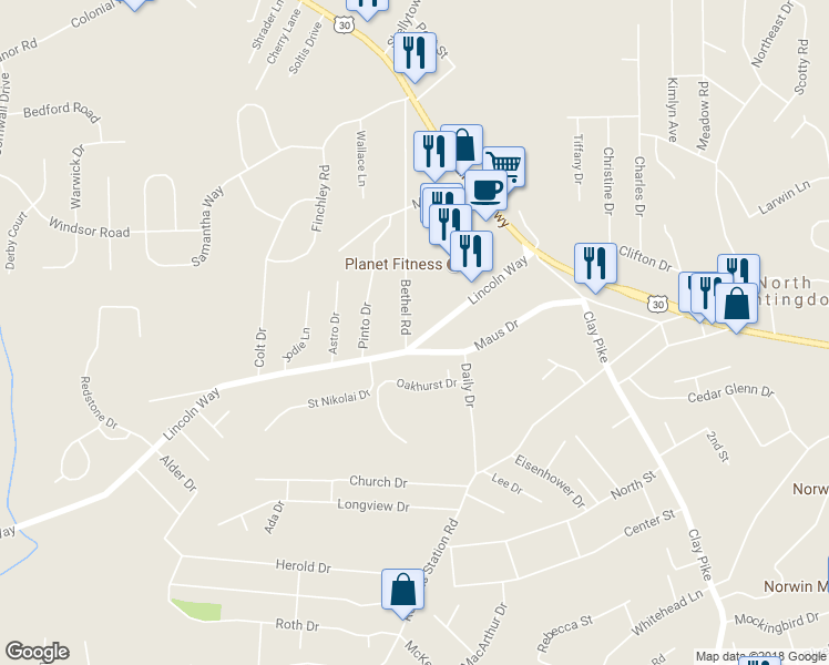 map of restaurants, bars, coffee shops, grocery stores, and more near 409 Bethel Road in Irwin