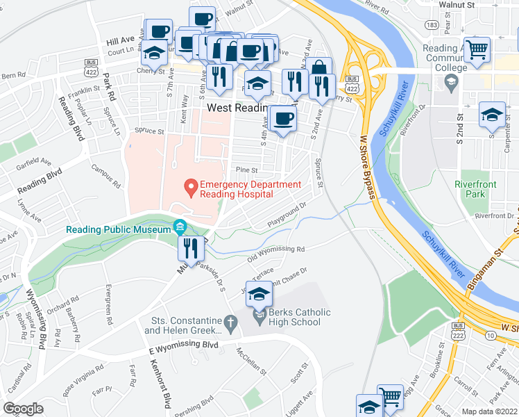 map of restaurants, bars, coffee shops, grocery stores, and more near 416 Sycamore Road in West Reading