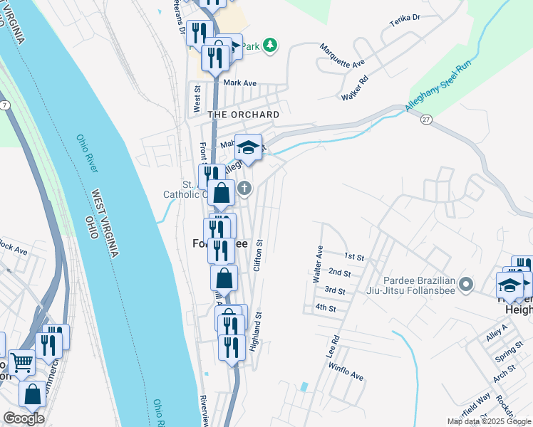 map of restaurants, bars, coffee shops, grocery stores, and more near 966 Neville Street in Follansbee