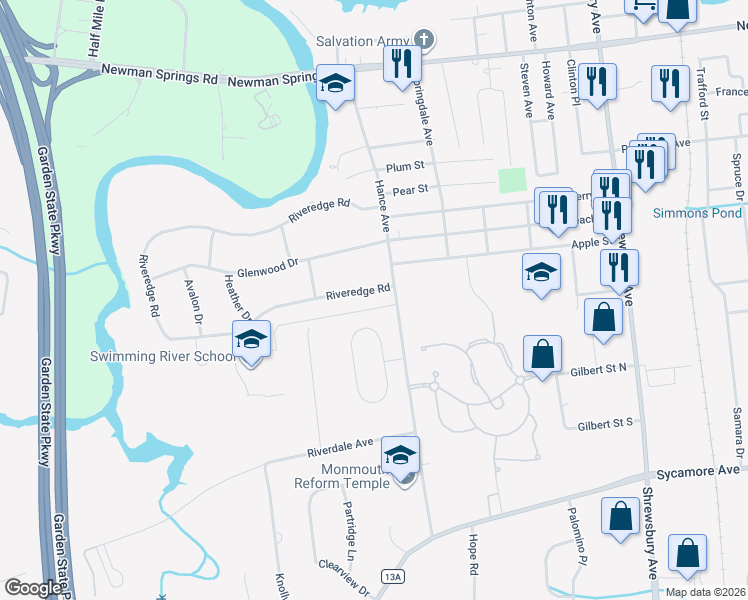 map of restaurants, bars, coffee shops, grocery stores, and more near 22 Riveredge Road in Tinton Falls