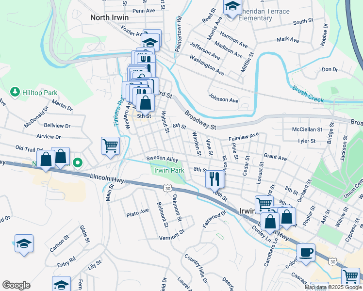map of restaurants, bars, coffee shops, grocery stores, and more near 638 Chestnut St in Irwin