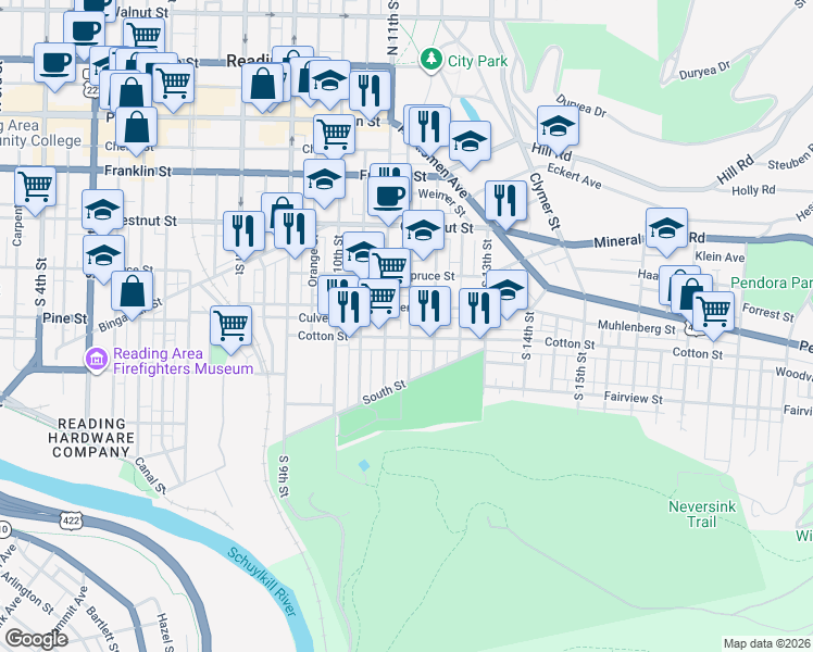 map of restaurants, bars, coffee shops, grocery stores, and more near 421 Wunder Street in Reading