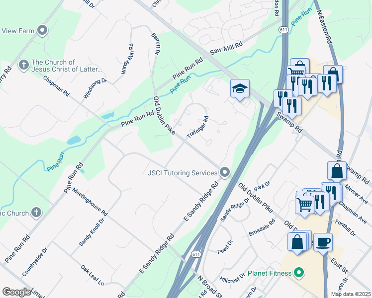 map of restaurants, bars, coffee shops, grocery stores, and more near 13 Birchwood Drive in Doylestown