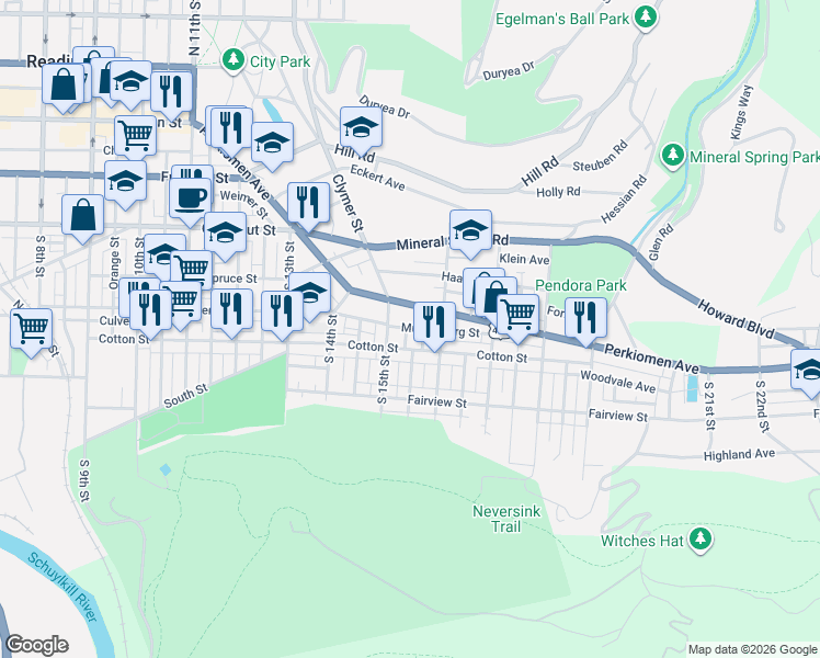 map of restaurants, bars, coffee shops, grocery stores, and more near 1524 Muhlenberg Street in Reading