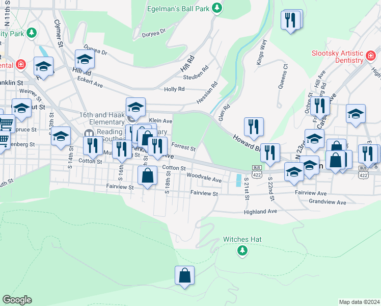 map of restaurants, bars, coffee shops, grocery stores, and more near 1849 Perkiomen Avenue in Reading