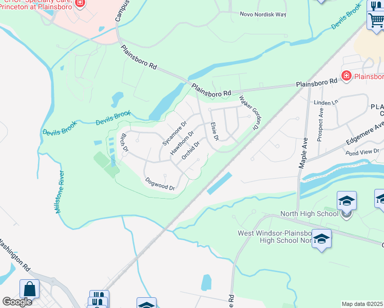 map of restaurants, bars, coffee shops, grocery stores, and more near 18 Orchid Drive in Middlesex County