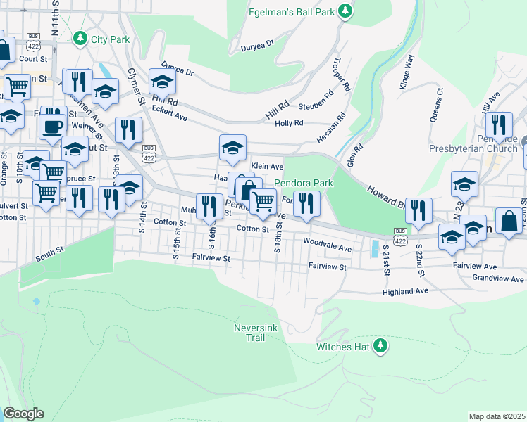 map of restaurants, bars, coffee shops, grocery stores, and more near Perkiomen Avenue in Reading