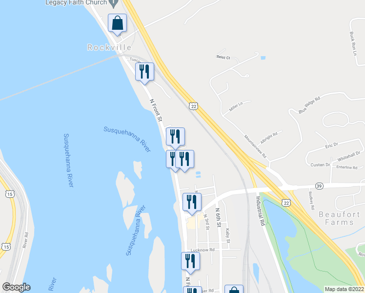 map of restaurants, bars, coffee shops, grocery stores, and more near 104 Miller Lane in Harrisburg