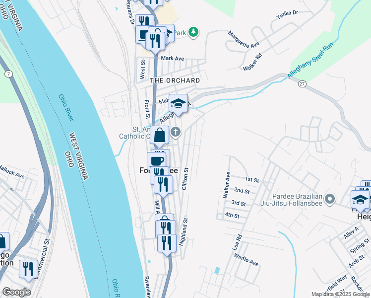 map of restaurants, bars, coffee shops, grocery stores, and more near 966 Neville Street in Follansbee