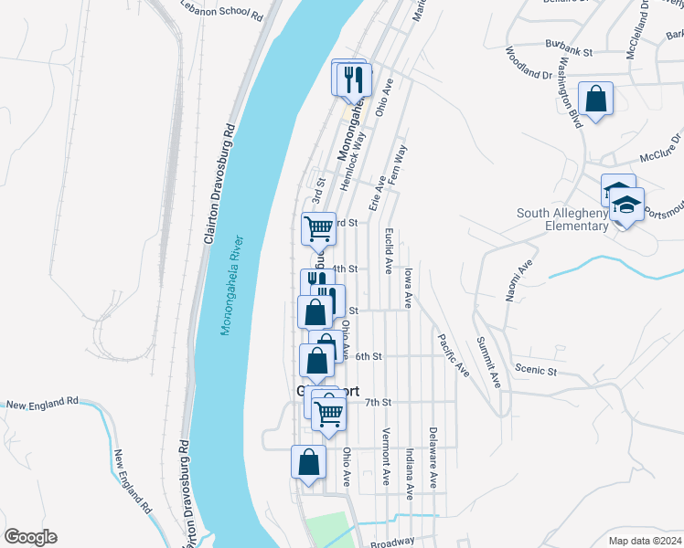 map of restaurants, bars, coffee shops, grocery stores, and more near 402 Ohio Avenue in Glassport