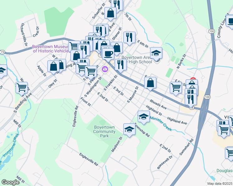 map of restaurants, bars, coffee shops, grocery stores, and more near 340 E 3rd St in Boyertown