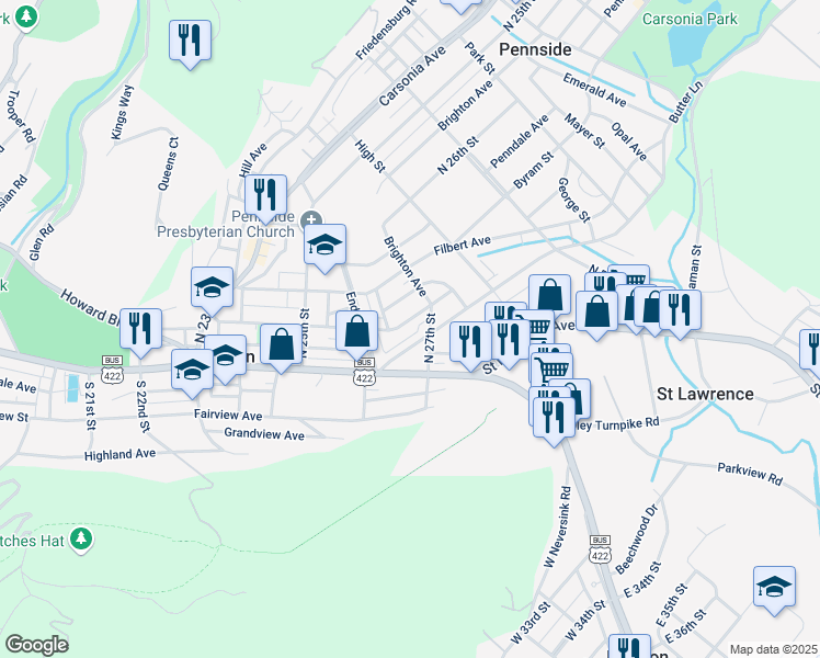 map of restaurants, bars, coffee shops, grocery stores, and more near 2616 Cumberland Avenue in Mount Penn