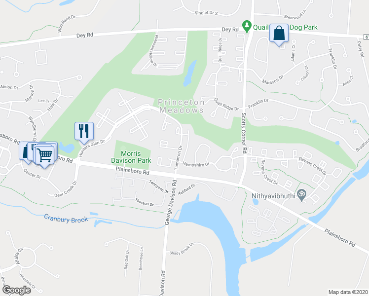 map of restaurants, bars, coffee shops, grocery stores, and more near 163 Hampshire Drive in Princeton Meadows