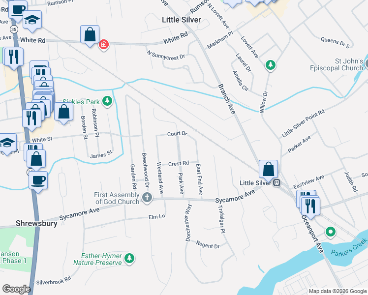 map of restaurants, bars, coffee shops, grocery stores, and more near 135 Park Ave in Shrewsbury