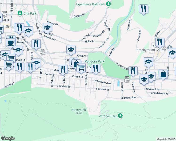 map of restaurants, bars, coffee shops, grocery stores, and more near 1823 Perkiomen Avenue in Reading