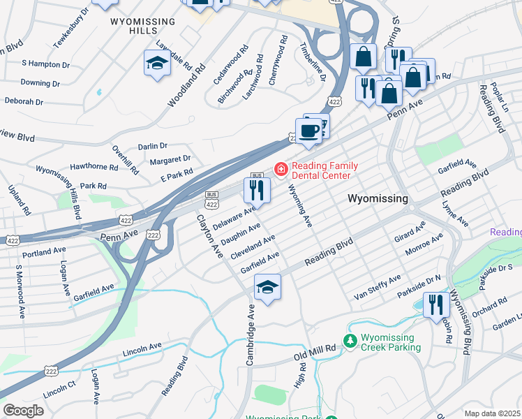 map of restaurants, bars, coffee shops, grocery stores, and more near 1548 Delaware Avenue in Wyomissing