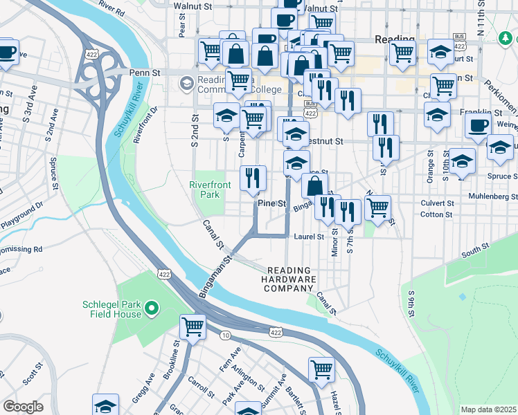 map of restaurants, bars, coffee shops, grocery stores, and more near 407 South 4th Street in Reading