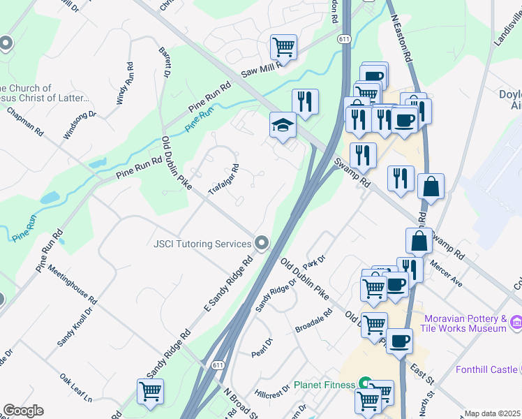 map of restaurants, bars, coffee shops, grocery stores, and more near 9 Greentree Drive in Doylestown