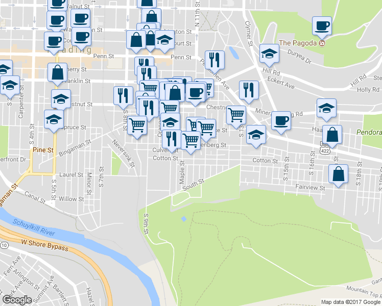 map of restaurants, bars, coffee shops, grocery stores, and more near 418 South 11th Street in Reading