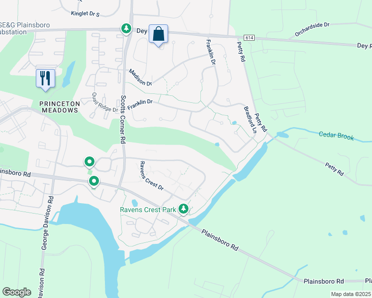 map of restaurants, bars, coffee shops, grocery stores, and more near 2303 Ravens Crest Drive in Princeton Meadows