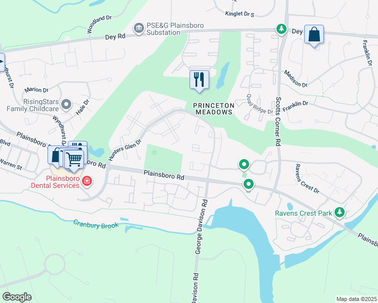 map of restaurants, bars, coffee shops, grocery stores, and more near 7908 Tamarron Drive in Plainsboro Township
