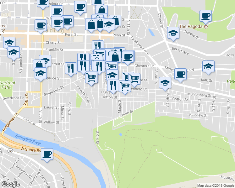 map of restaurants, bars, coffee shops, grocery stores, and more near 422 Maple Street in Reading