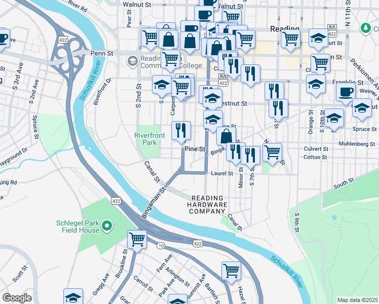 map of restaurants, bars, coffee shops, grocery stores, and more near 407 South 4th Street in Reading
