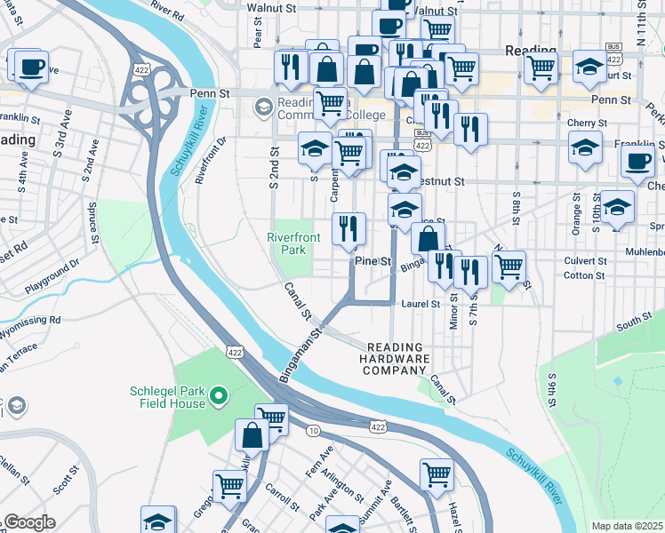 map of restaurants, bars, coffee shops, grocery stores, and more near 310 Pine Street in Reading