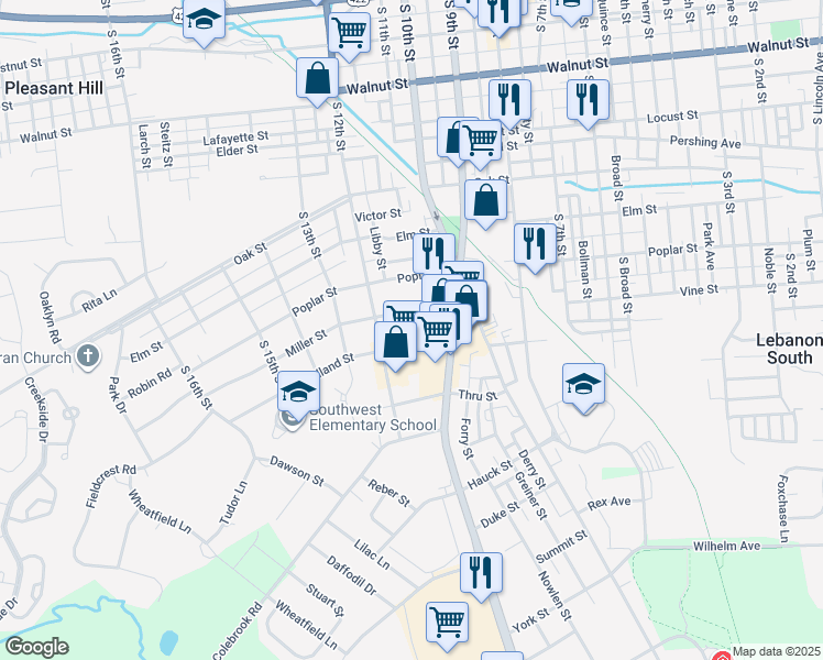 map of restaurants, bars, coffee shops, grocery stores, and more near 1102 Jackson Boulevard in Lebanon