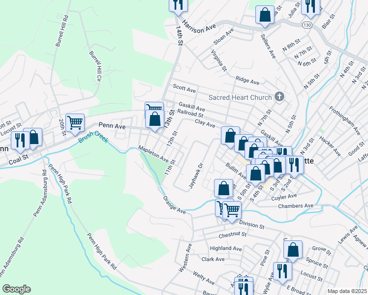 map of restaurants, bars, coffee shops, grocery stores, and more near 110 Jayhawk Drive in Jeannette
