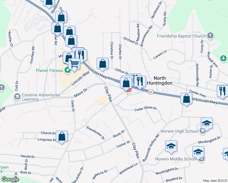 map of restaurants, bars, coffee shops, grocery stores, and more near 11660 Parkway Drive in Irwin
