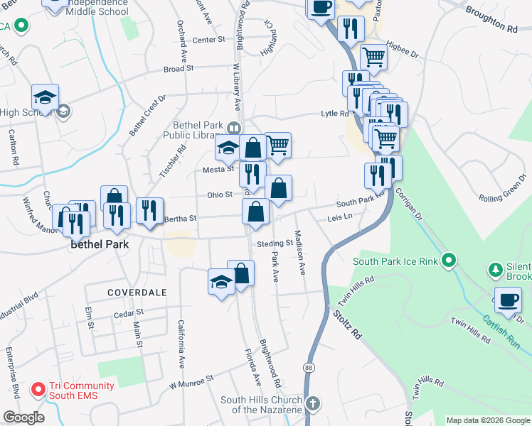 map of restaurants, bars, coffee shops, grocery stores, and more near 5180 Park Ave in Bethel Park