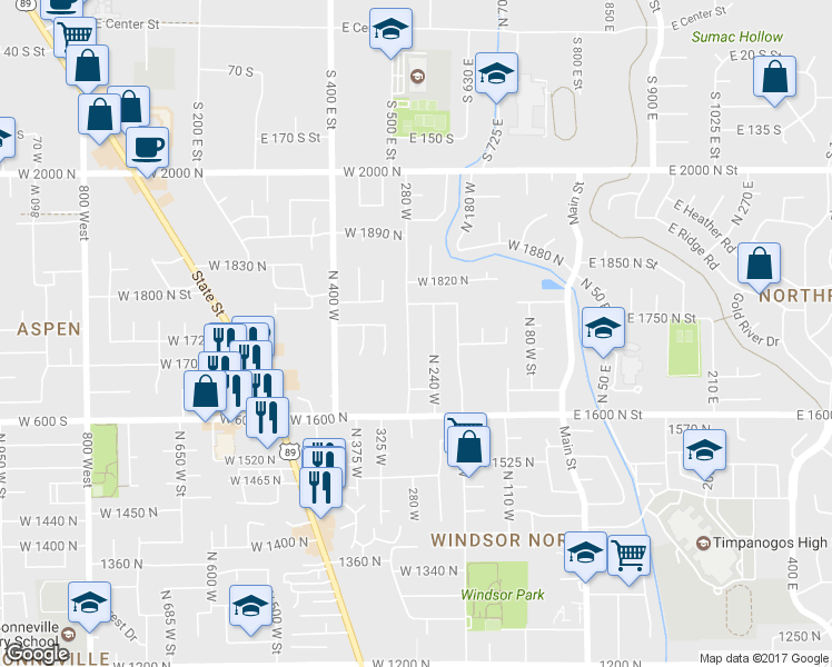 map of restaurants, bars, coffee shops, grocery stores, and more near 1732 280 West in Orem