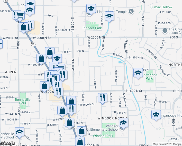 map of restaurants, bars, coffee shops, grocery stores, and more near 1732 280 West in Orem