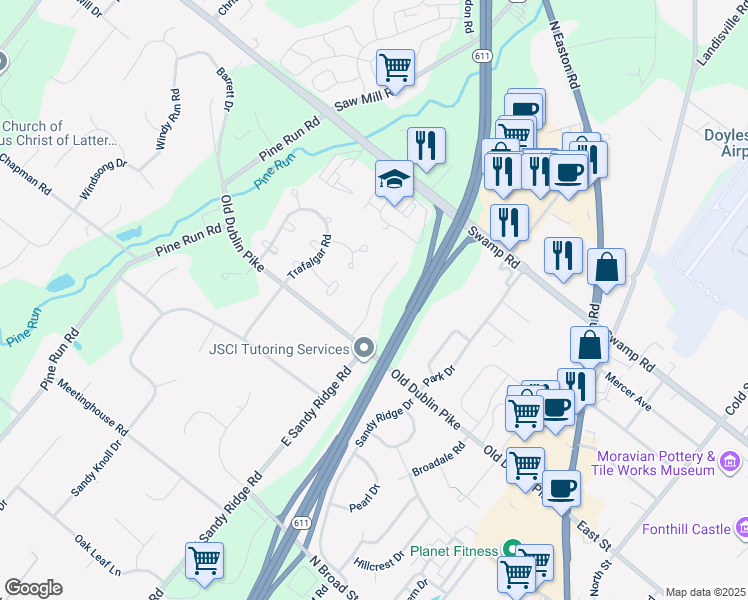 map of restaurants, bars, coffee shops, grocery stores, and more near 9 Greentree Drive in Doylestown