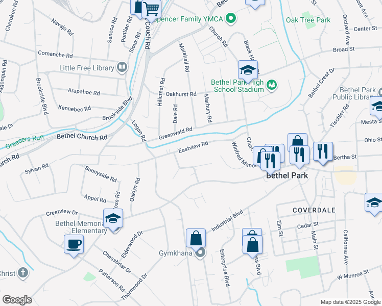 map of restaurants, bars, coffee shops, grocery stores, and more near 3029 Eastview Rd in Bethel Park