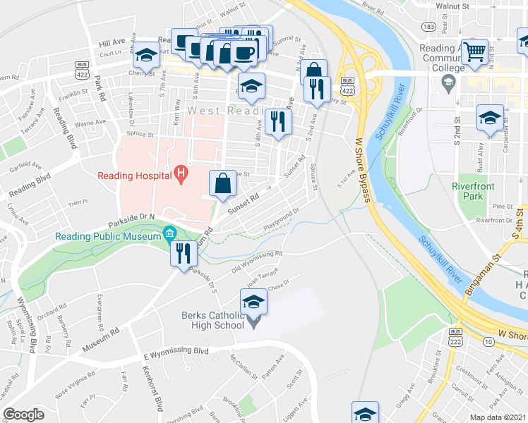 map of restaurants, bars, coffee shops, grocery stores, and more near 337 Sycamore Road in Reading