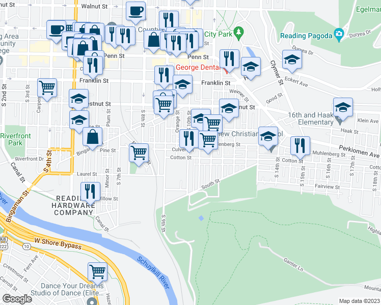 map of restaurants, bars, coffee shops, grocery stores, and more near 421 South 10th Street in Reading