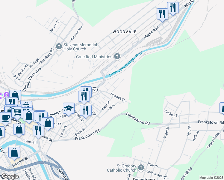 map of restaurants, bars, coffee shops, grocery stores, and more near 1091 Church Avenue in Johnstown