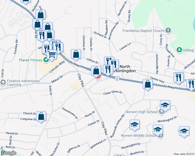 map of restaurants, bars, coffee shops, grocery stores, and more near 41 Robbins Station Road in Irwin
