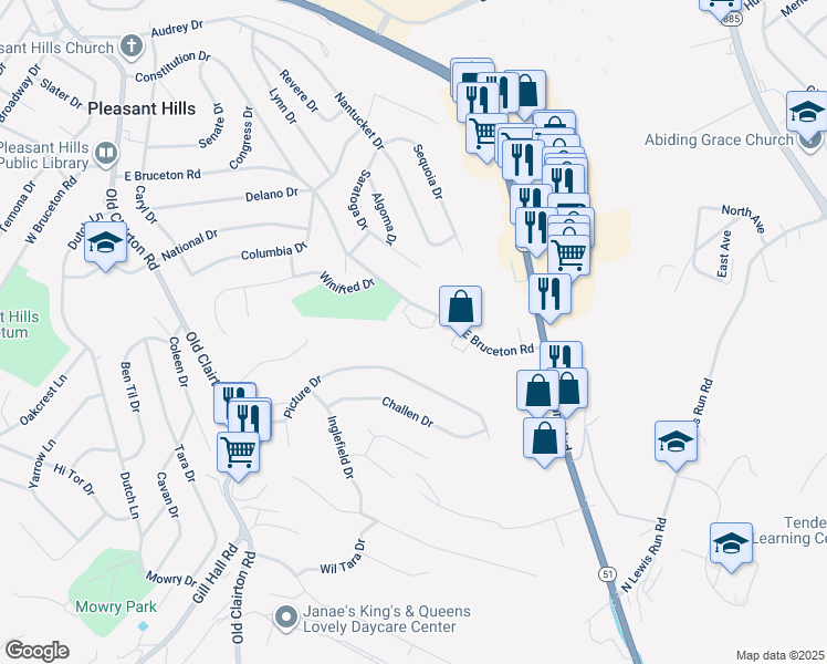 map of restaurants, bars, coffee shops, grocery stores, and more near 500 East Bruceton Road in Pittsburgh