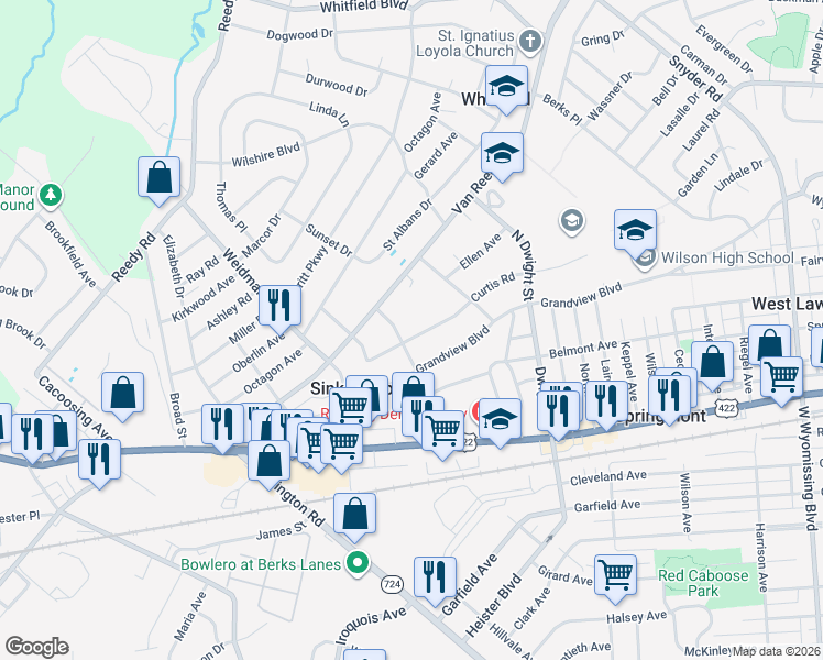map of restaurants, bars, coffee shops, grocery stores, and more near 3017 Curtis Road in Reading