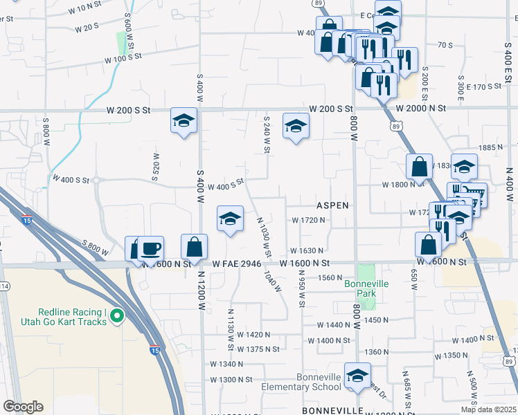 map of restaurants, bars, coffee shops, grocery stores, and more near 1748 North 1030 West Street in Orem